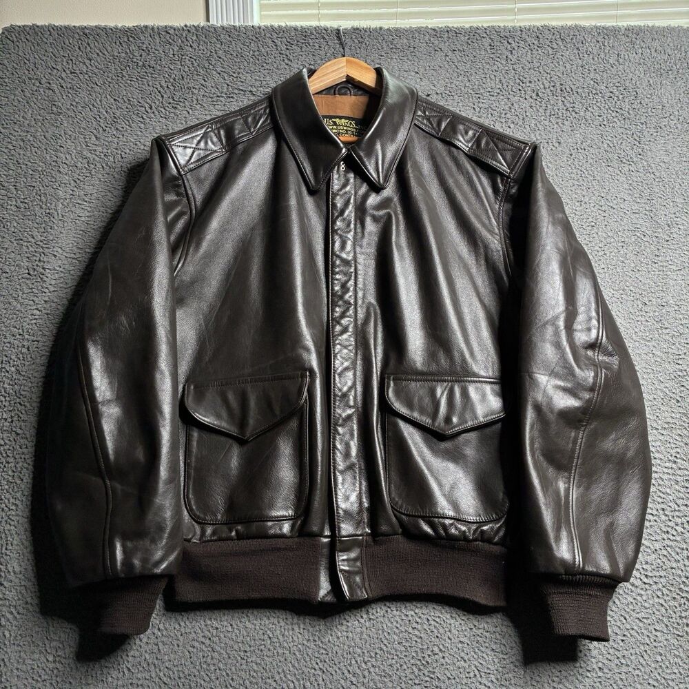 VTG US Wings USAAF A-2 Brown Horsehide Leather Bomber USA Jacket Size 46 XL